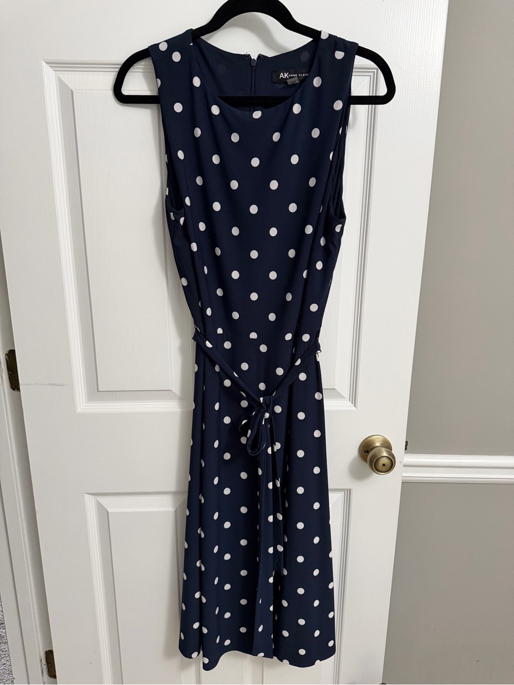 Anne Klein Navy and White Polka Dot Sleeveless Midi Dress with Tie Waist